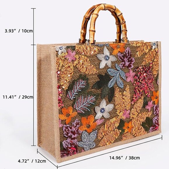 Sequin Embroidered Woven Tote Bag Womens Summer Beach Shoulder Handbag - Picture 2 of 2